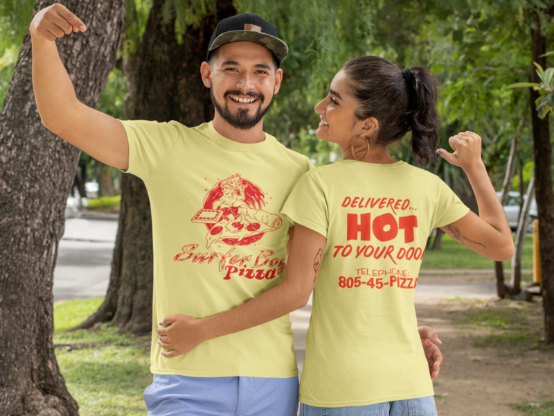 Surfer boy pizza front and back shirt