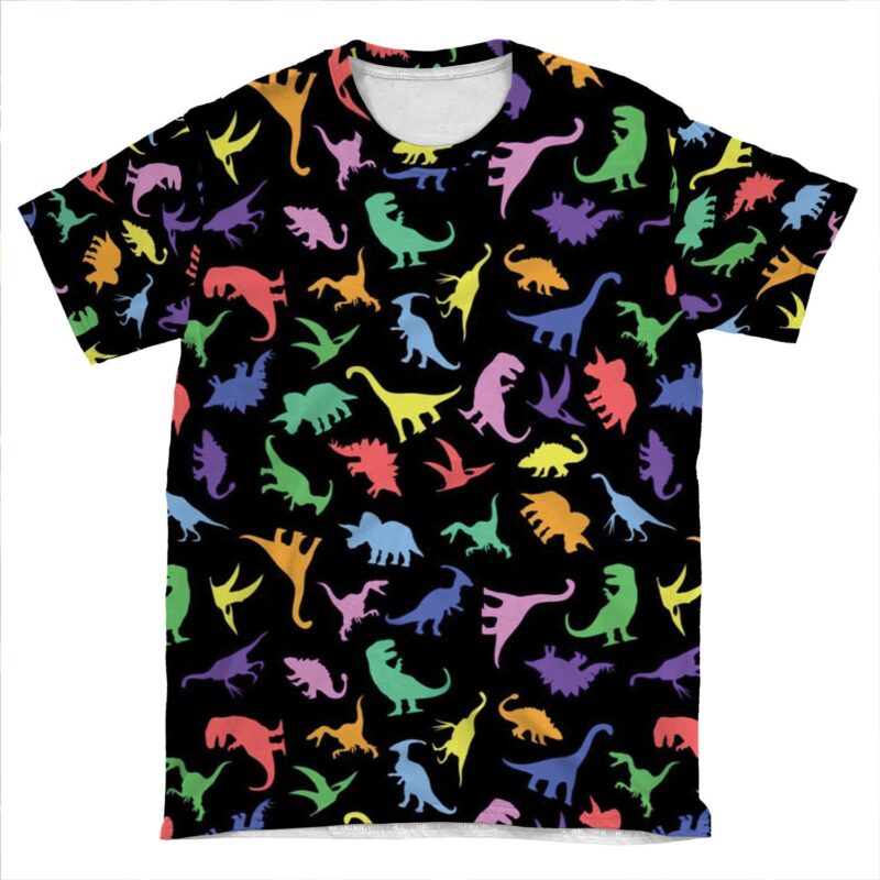 Fun Dinosaur Pattern (Black Background) AOP T-shirt Tee